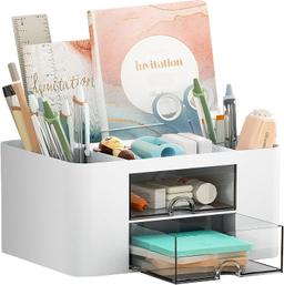 Marbrasse Pen Organizer with 2 Drawer, 5 Compartments + Drawer, (White), Retail $15.00