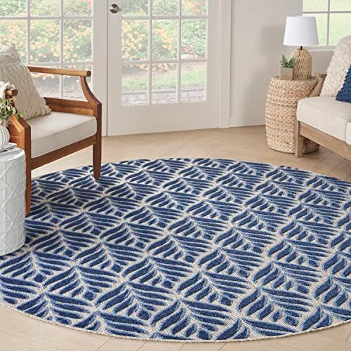 Nourison Aloha Tropical Palm Outdoor Rug, Blue, 7’10” Round, Retail $183.00