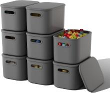 8 Pack Dark Grey Stackable Storage Bins w/ Lids & Handles, 9.85x6.9x5.7 inch
