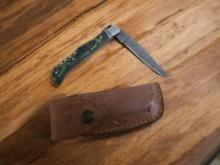 Damascus Handmade Pocket Knife w/Built-In Corkscrew and Sheath