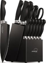 KNIFE SET, AMORSTON 15 PIECES WITH BLOCK, DISHWASHER SAFE, GERMAN STAINLESS STEEL, BLACK