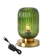 GOLD DESK LAMP: MID-CENTURY GLOBE, GREEN PUMPKIN RIBBED GLASS, BEDSIDE/TABLE, OFFICE