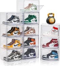 12 PACK CLEAR SHOE BOXES, STACKABLE, LARGE SHOE STORAGE ORGANIZER W/MAGNETIC DOOR, FIT US SIZE 12