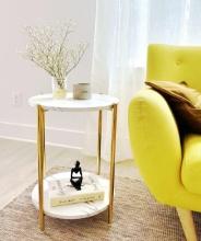 GOLD ROUND FAUX MARBLE SIDE TABLE NIGHTSTAND, MODERN, W/GOLD-TONE METAL FRAME, 16 IN X 22 IN