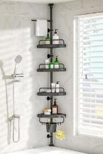RUST PROOF SHOWER CADDY CORNER TENSION POLE ADJUSTABLE HEIGHT, 4 TIER SHELF ORGANIZERS (BLACK)