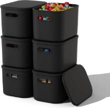 6 PACK BLACK STORAGE BINS W/LIDS, 9.85X6.9X5.7 INCH, STACKABLE BLACK ORGANIZER CONTAINERS