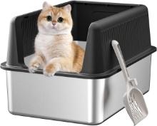 STAINLESS STEEL CAT LITTER BOX WITH LID, XL, 19.7 L X 13.8 W X 11.8 H DEEP, LARGE, INCLUDES SCOOP