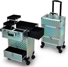 HODODOU BLUE ROLLING MAKEUP CASE W/DRAWER TRAVEL TROLLEY, SALON BARBER CASE TRAVELING CART