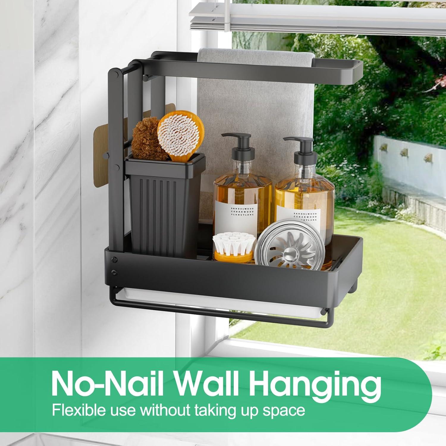 Sponge Holder for Sink, Rustproof Caddy, Removable Holder & Drain Tray (Black)