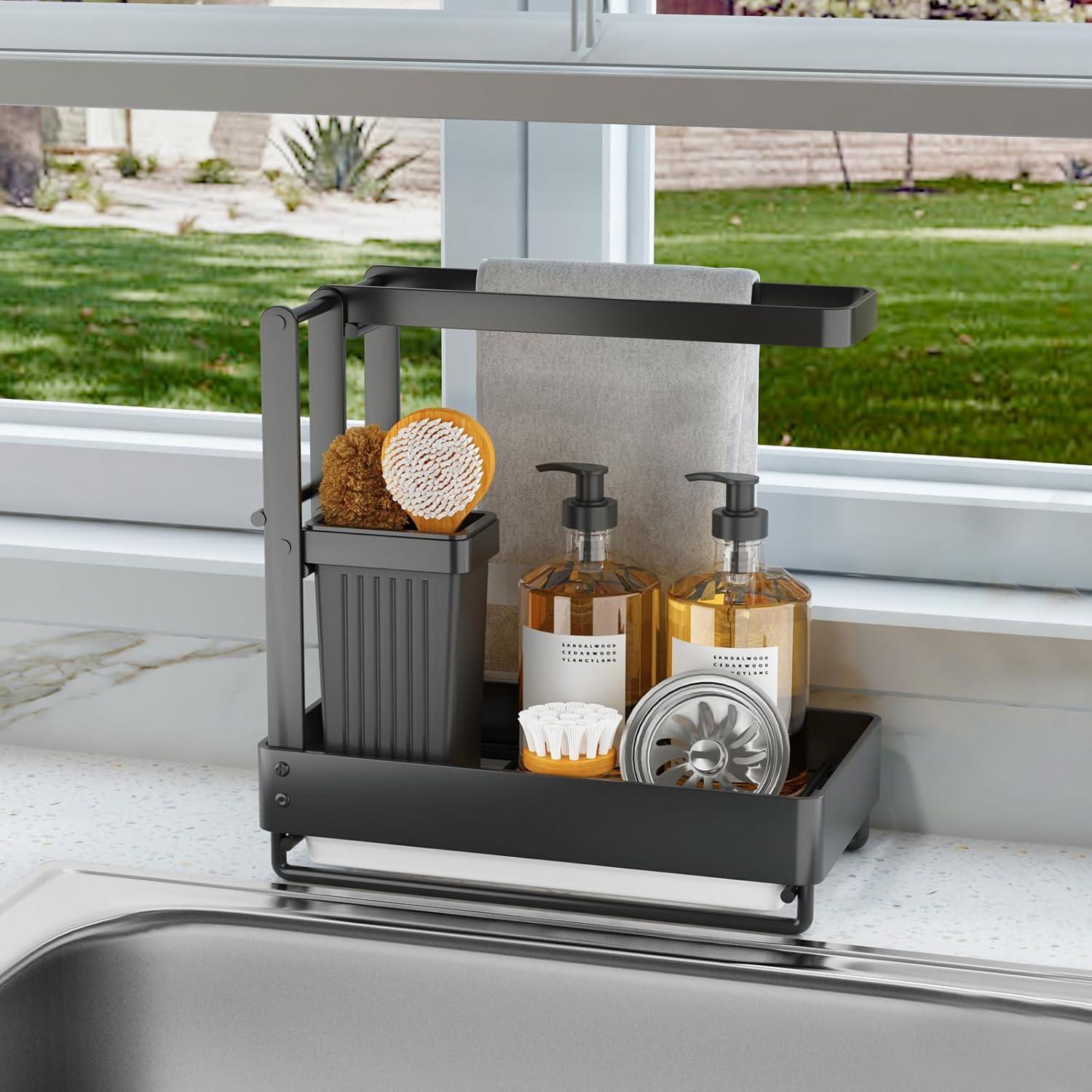 Sponge Holder for Sink, Rustproof Caddy, Removable Holder & Drain Tray (Black)