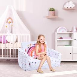 Kids Convertible Sofa to Lounger, Foldable 2-in-1, Comfy for Bedroom, Playroom, Rainbow