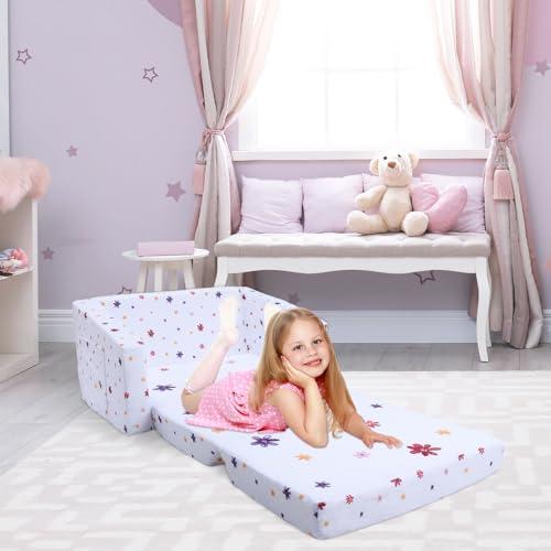 Kids Convertible Sofa to Lounger, Foldable 2-in-1, Comfy for Bedroom, Playroom, Rainbow