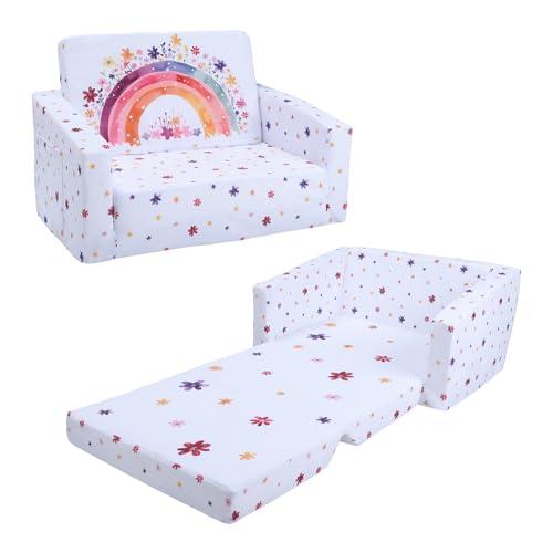 Kids Convertible Sofa to Lounger, Foldable 2-in-1, Comfy for Bedroom, Playroom, Rainbow