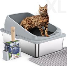 STAINLESS STEEL CAT LITTER BOX, XL, HIGH-SIDED, ANTI-LEAK, SCOOP INCLUDED, GREY