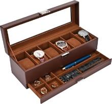 ProCase Watch Box, 6 Slot Display Case with Drawer, Glass Lid, 2-Layer Storage - Espresso