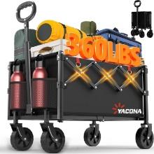 Wagon Cart, Foldable Portable Shopping Cart w/Wheels, Grocery Wagon for Beach, Sports, Black