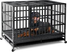 48" Heavy Duty Dog Crate, Reinforced for Anxious Dogs, Double Door, 220lbs Capacity, W/Wheels