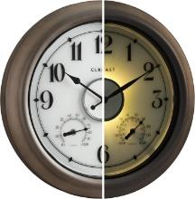CLXEAST 18-Inch Outdoor Clock, Waterproof, Smart Sensor, Temp & Hygrometer, Grey Oak