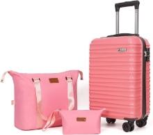Luggage Set, 3 Piece ABS Hardshell Spinner w/Weekender & Toiletry Bag (Pink)