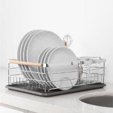 Navaris Dish Rack - Compact Drying Board w/Drip Tray & Cutlery Holder - Silver-Tone/Wood Handles