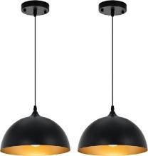 Farmhouse Black/Gold-Tone Dome Pendant Light for Kitchen/Dining, Industrial Hanging, 2 Pack