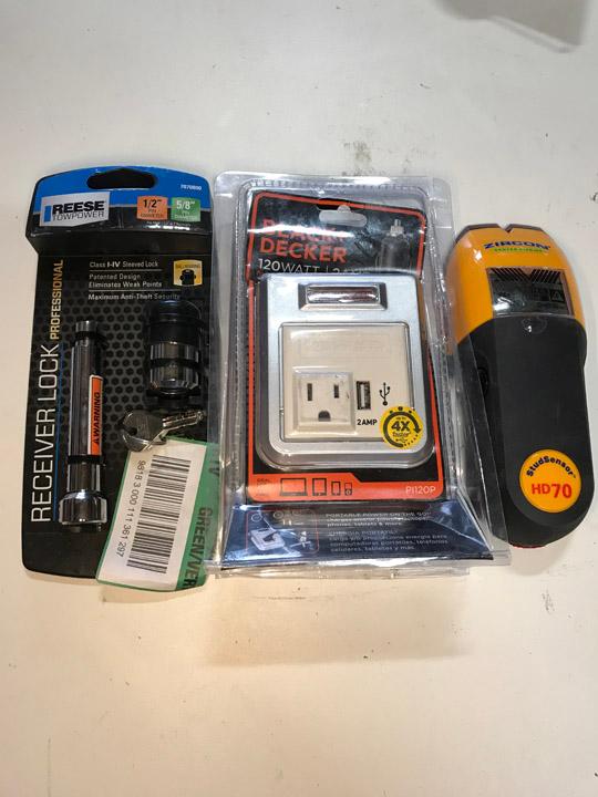 Professional Sleeved Receiver Lock; 120 Power Inverter; Zircon StudSensor HD70 Stud Finder. $98 MSRP
