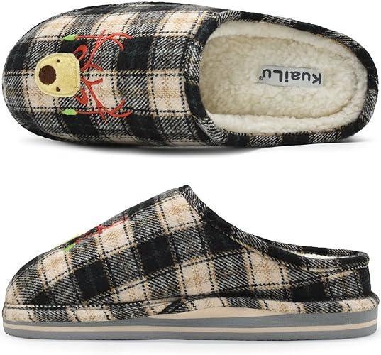 KuaiLu Womens Cozy Memory Foam Slippers, Ladies Plaid House Slippers, Size 5 US