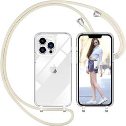 Nupcknn Liquid Silicone Mobile Phone Chain Case for iPhone 13 Pro Case Necklace (Removable) Beige