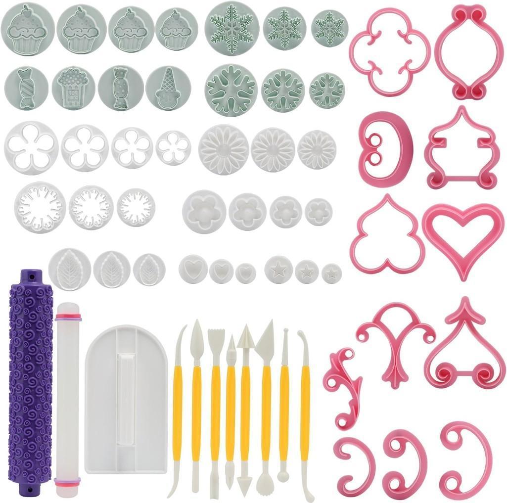 LIHAO Fondant Cookie Cutters 60 Pieces Cake Decoration Set Ejector Baking Modelling Tool