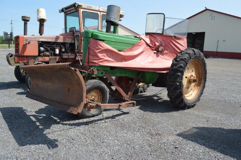 JD A tractor w/ tricycle tires, 7' front blade, tire chains, 540 pto, open station w/ wind guard, (N