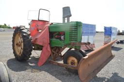 JD A tractor w/ tricycle tires, 7' front blade, tire chains, 540 pto, open station w/ wind guard, (N