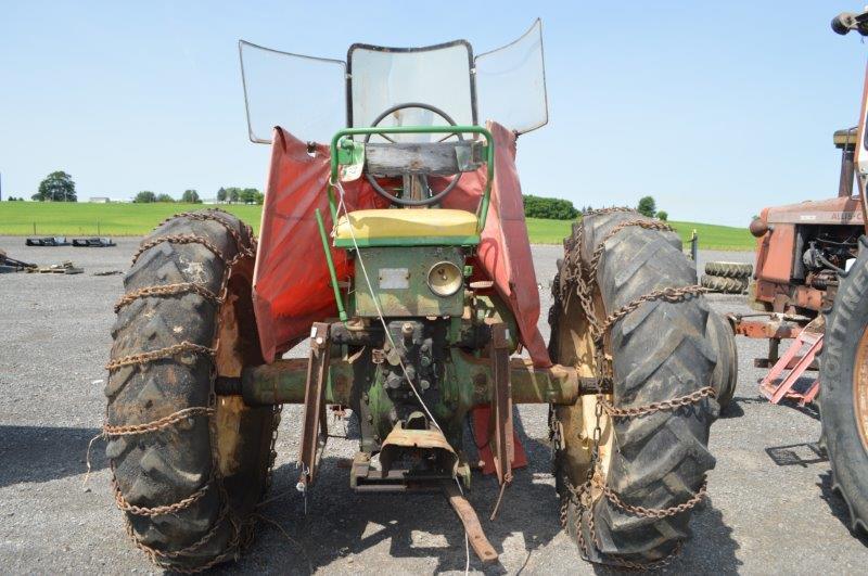JD A tractor w/ tricycle tires, 7' front blade, tire chains, 540 pto, open station w/ wind guard, (N