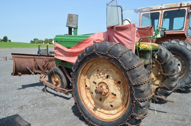 JD A tractor w/ tricycle tires, 7' front blade, tire chains, 540 pto, open station w/ wind guard, (N
