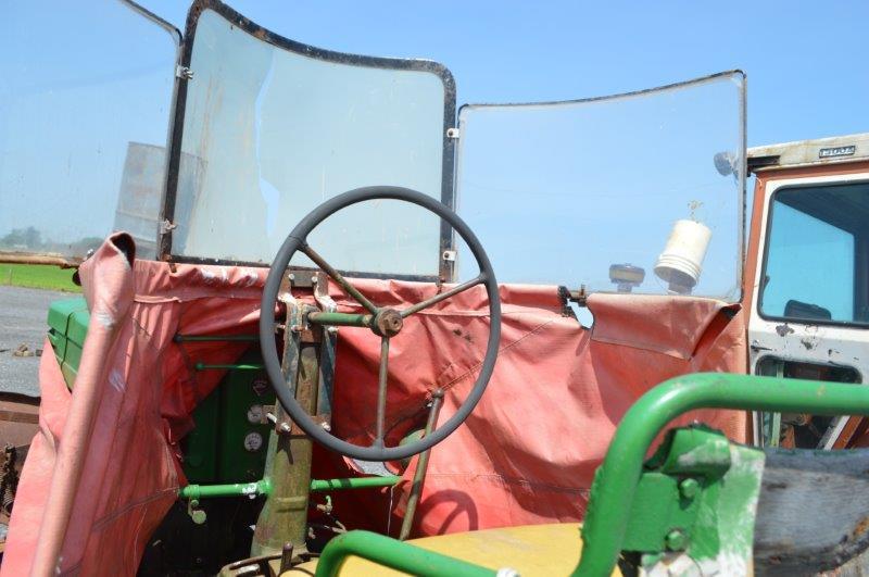JD A tractor w/ tricycle tires, 7' front blade, tire chains, 540 pto, open station w/ wind guard, (N