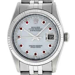 Rolex Mens Stainless Steel Mother Of Pearl Diamond & Ruby Datejust Wristwatch