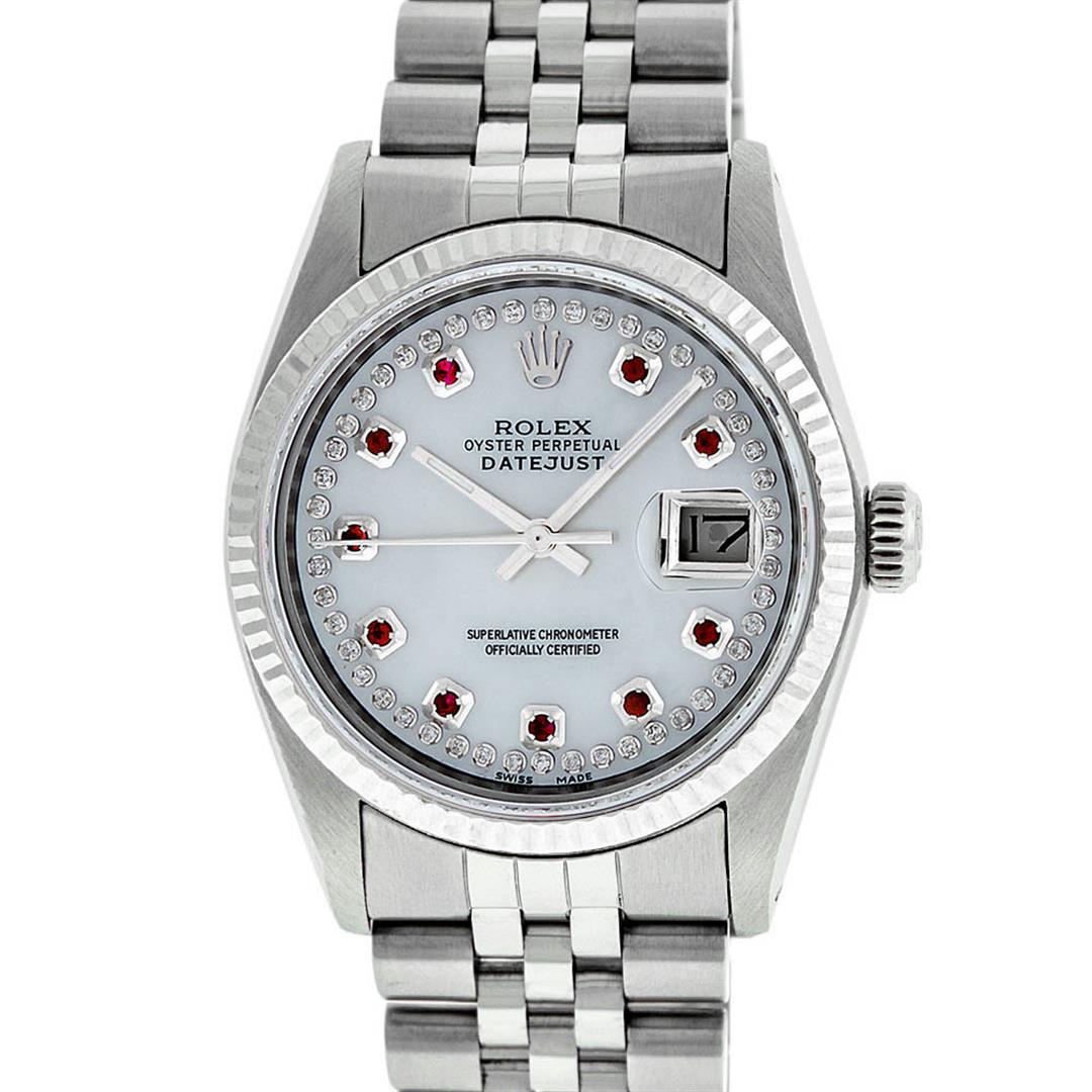 Rolex Mens Stainless Steel Mother Of Pearl Diamond & Ruby Datejust Wristwatch