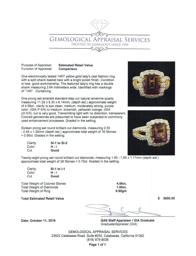 4.56 ctw Ametrine Quartz and Diamond Ring - 14KT Yellow Gold