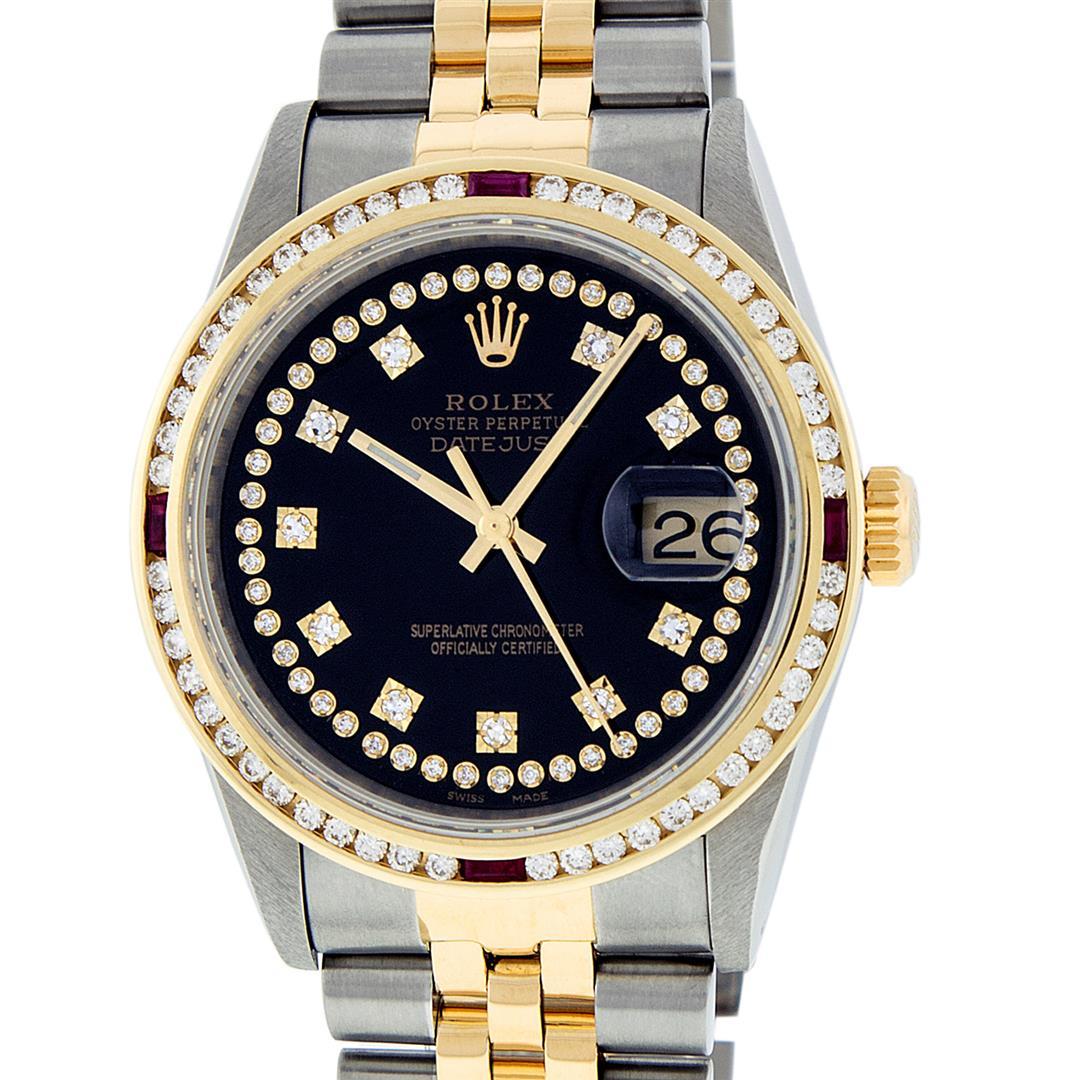 Rolex Mens 2 Tone 14K Black String Diamond & Ruby Diamond Datejust Wristwatch