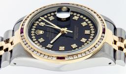 Rolex Mens 2 Tone 14K Black String Diamond & Ruby Diamond Datejust Wristwatch
