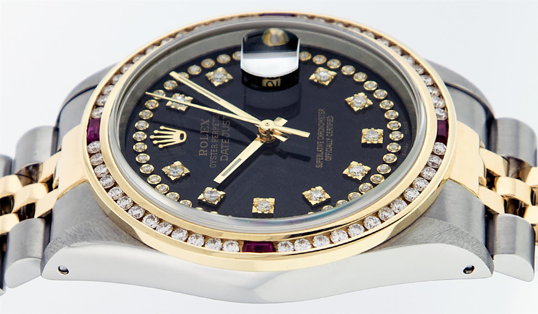 Rolex Mens 2 Tone 14K Black String Diamond & Ruby Diamond Datejust Wristwatch