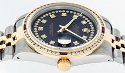 Rolex Mens 2 Tone 14K Black String Diamond & Ruby Diamond Datejust Wristwatch
