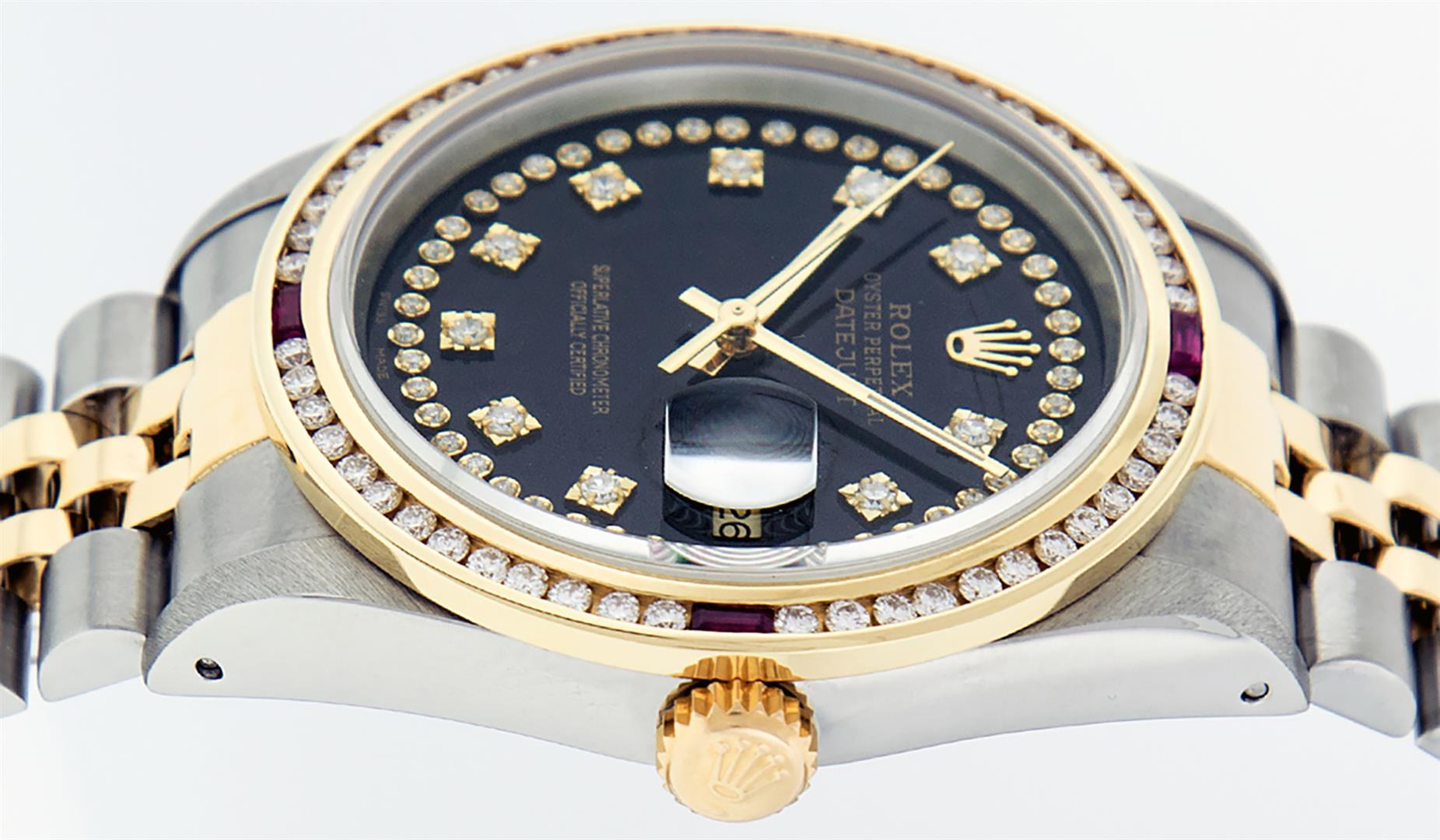 Rolex Mens 2 Tone 14K Black String Diamond & Ruby Diamond Datejust Wristwatch