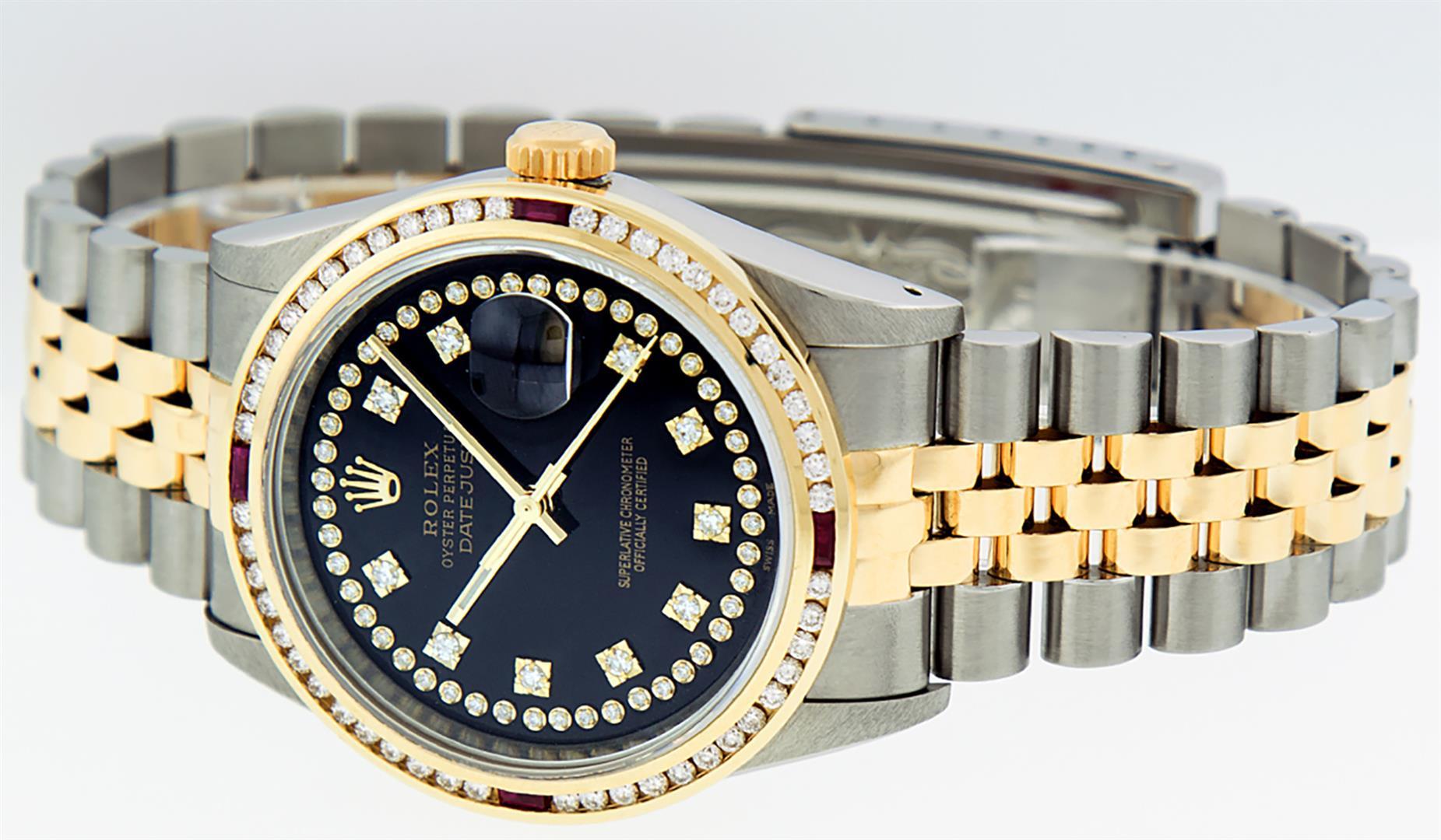 Rolex Mens 2 Tone 14K Black String Diamond & Ruby Diamond Datejust Wristwatch