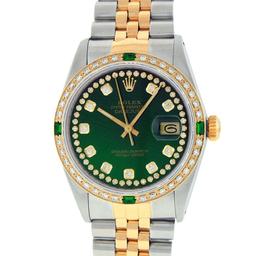 Rolex Mens 2 Tone 14K Green String Diamond & Emerald Datejust Wristwatch