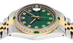 Rolex Mens 2 Tone 14K Green String Diamond & Emerald Datejust Wristwatch