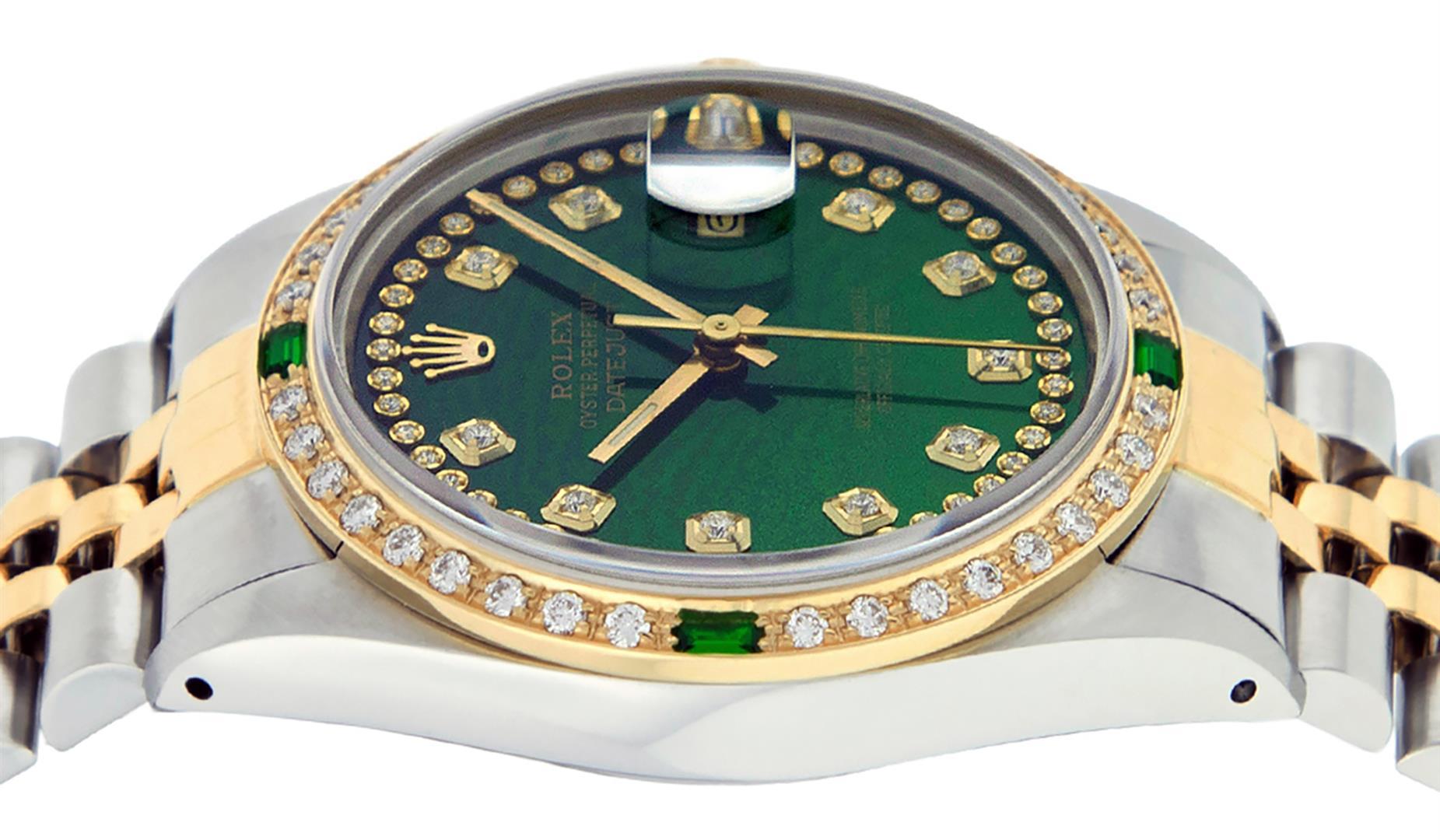 Rolex Mens 2 Tone 14K Green String Diamond & Emerald Datejust Wristwatch