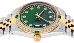 Rolex Mens 2 Tone 14K Green String Diamond & Emerald Datejust Wristwatch