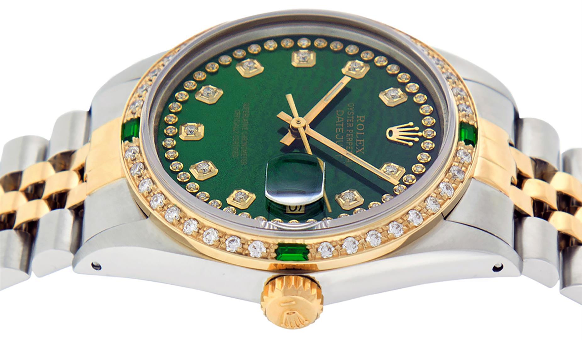 Rolex Mens 2 Tone 14K Green String Diamond & Emerald Datejust Wristwatch