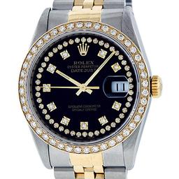 Rolex Mens 2 Tone 14K Black String VS Diamond Datejust Wristwatch