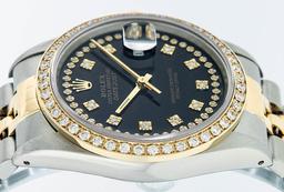 Rolex Mens 2 Tone 14K Black String VS Diamond Datejust Wristwatch
